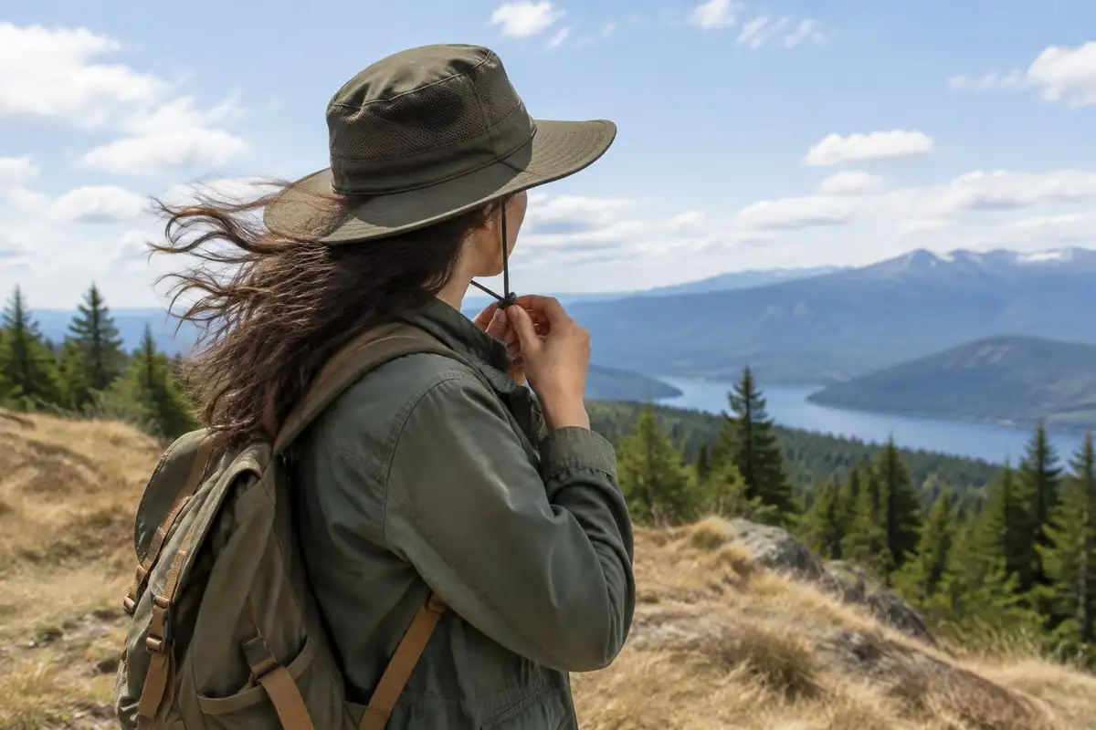 Woman clipping the chin strap of a hat on a windy summit approach