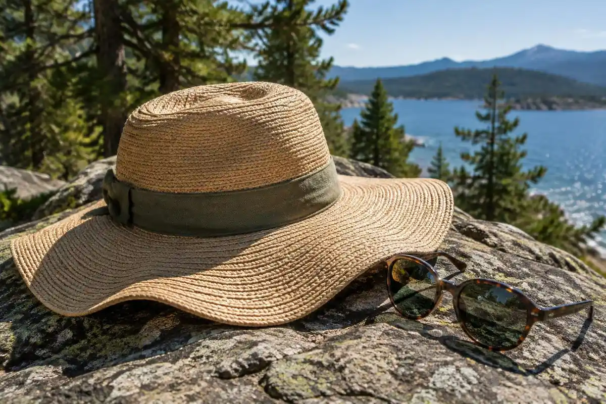 Folded sun hat on a rock with sunglasses and tin beside it