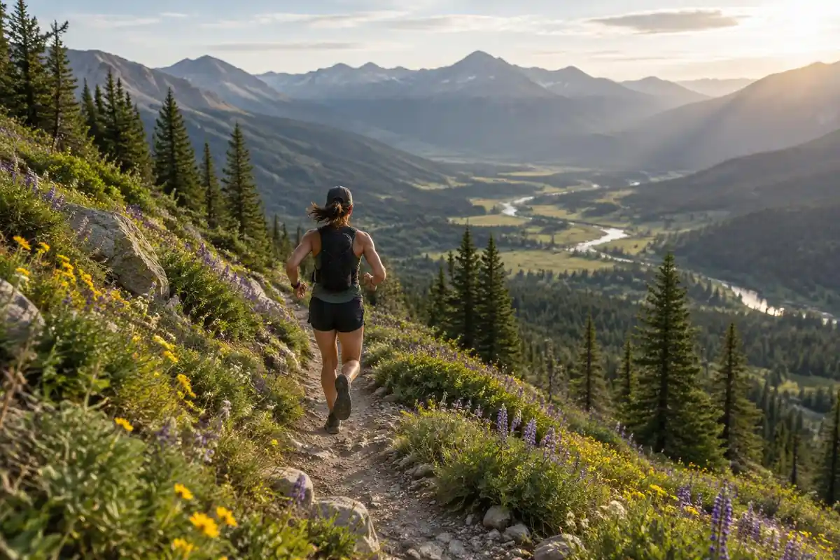 Runner on a narrow mountain singletrack descending toward a valley