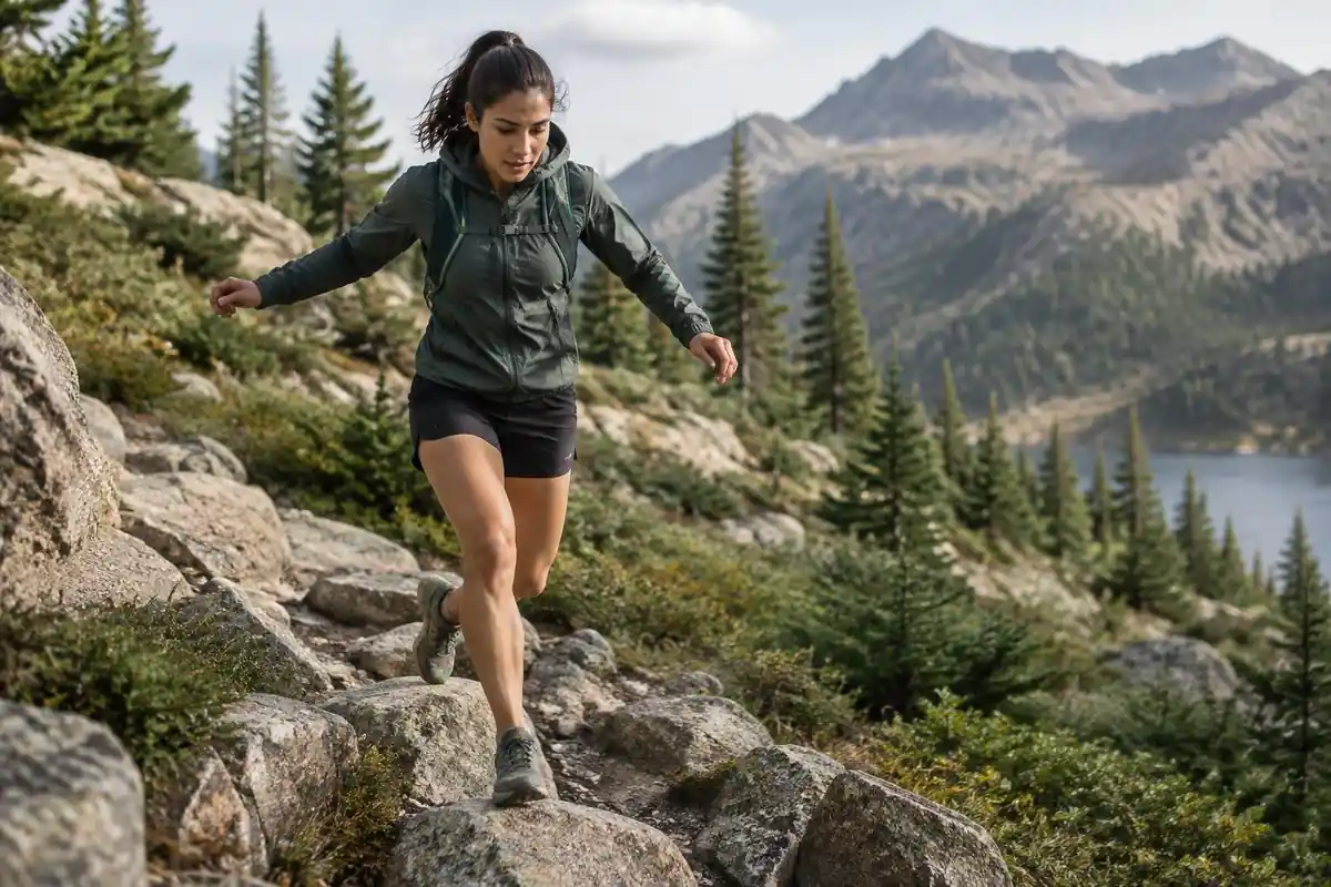 Trail runner picking through a rocky section with quick short steps