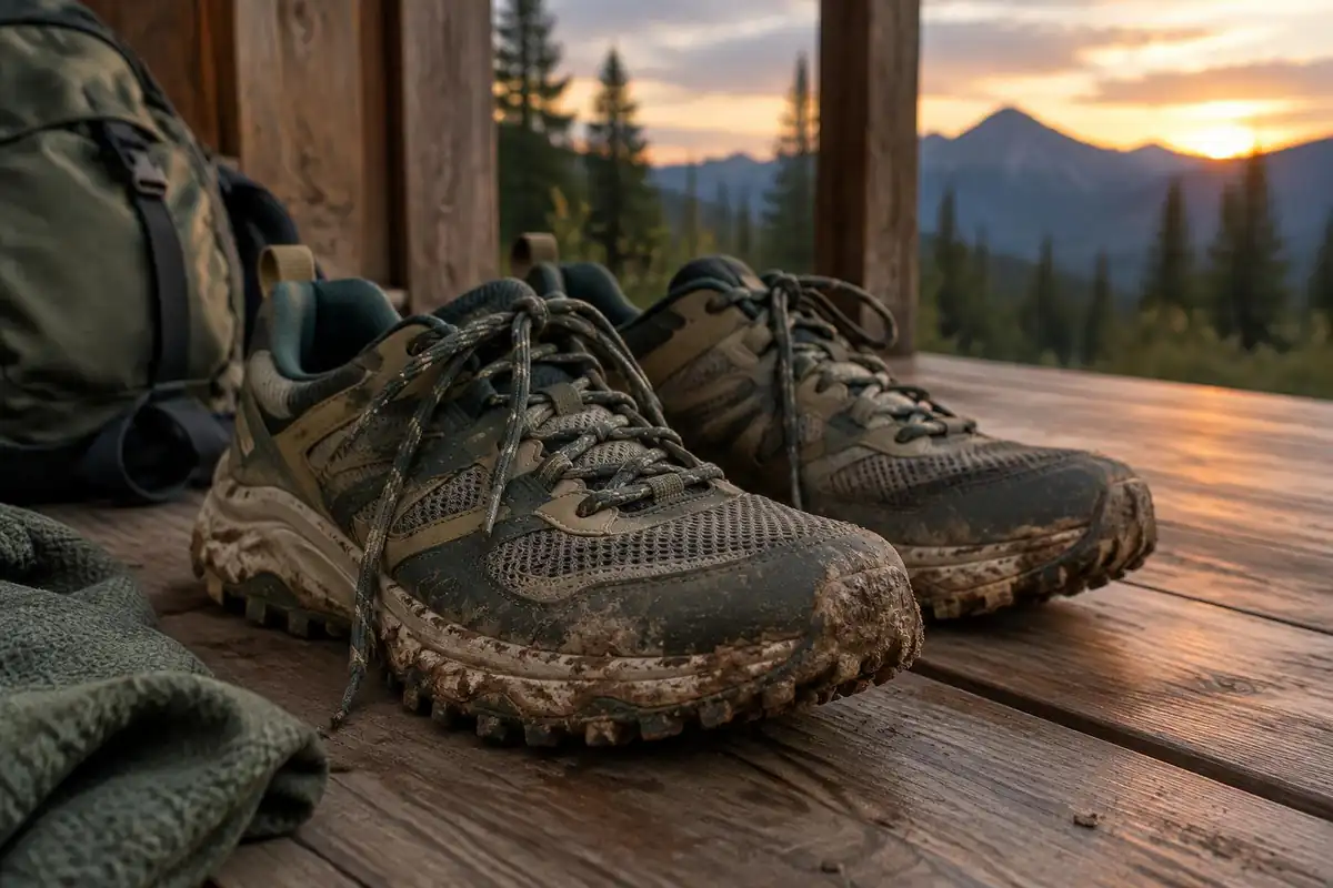 Pair of trail shoes on a wooden porch with mud dried on the soles