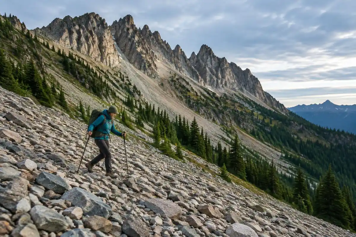 Hiker crossing a scree slope using two poles for balance