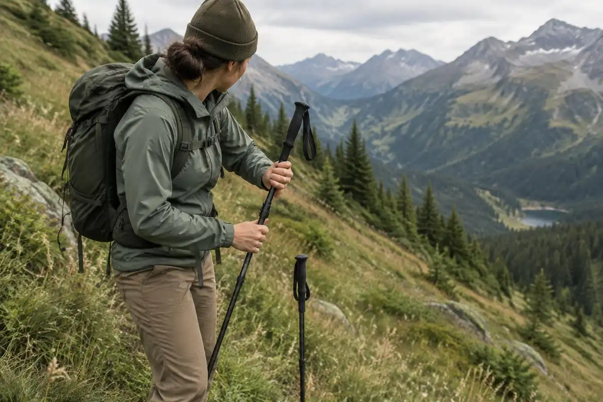 Hiker adjusting pole height on a steep uphill stop