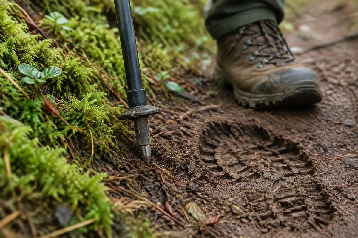 Pole tips planted in soft soil next to a boot print