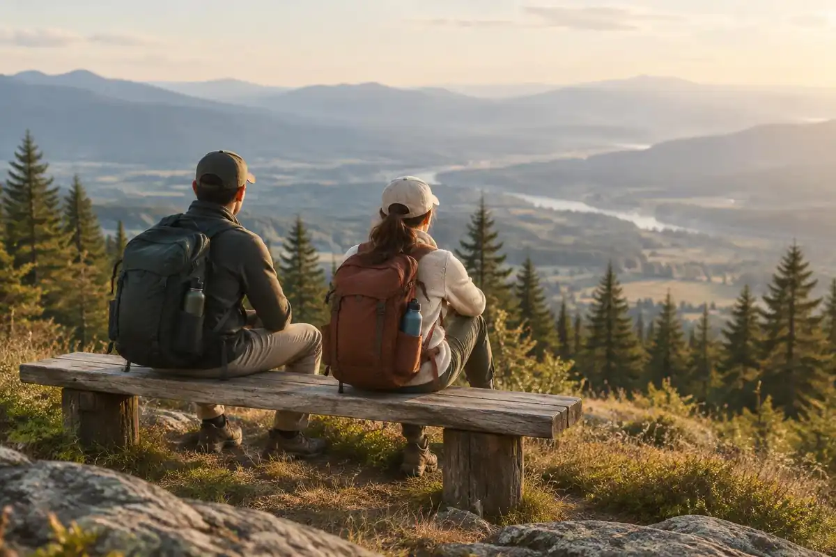 Runner and hiker sharing a rest stop with water bottles on a hilltop