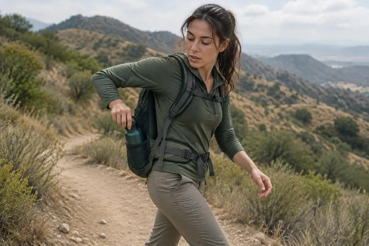 Hiker pulling a water bottle from a side pocket while walking