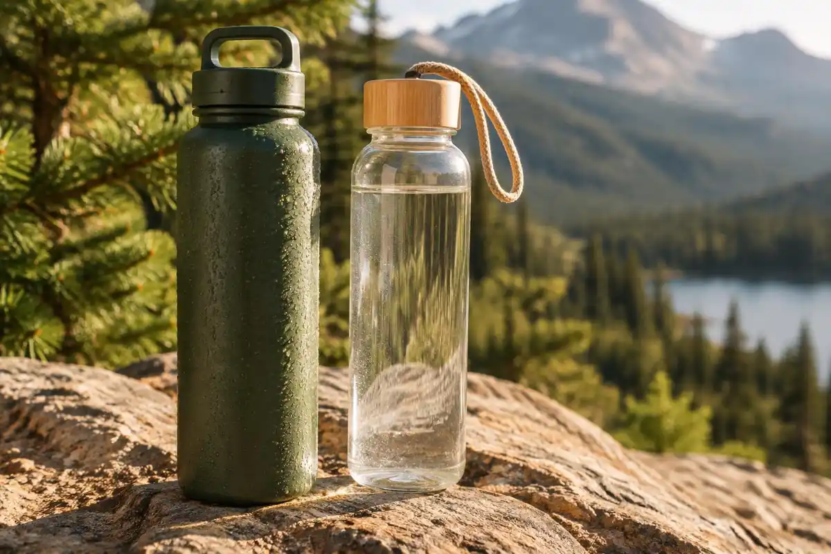 Insulated bottle and a plastic bottle side by side on a rock with condensation