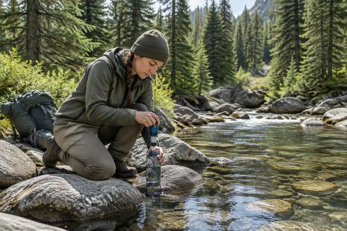 Hiker at a clear creek pumping water into a bottle with a filter