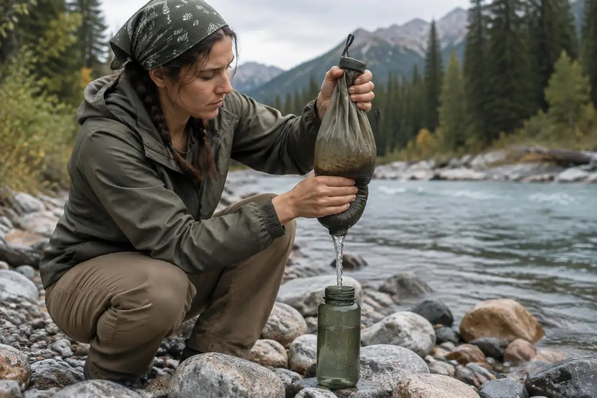 Woman squeezing a filter bag with water dripping through the cartridge