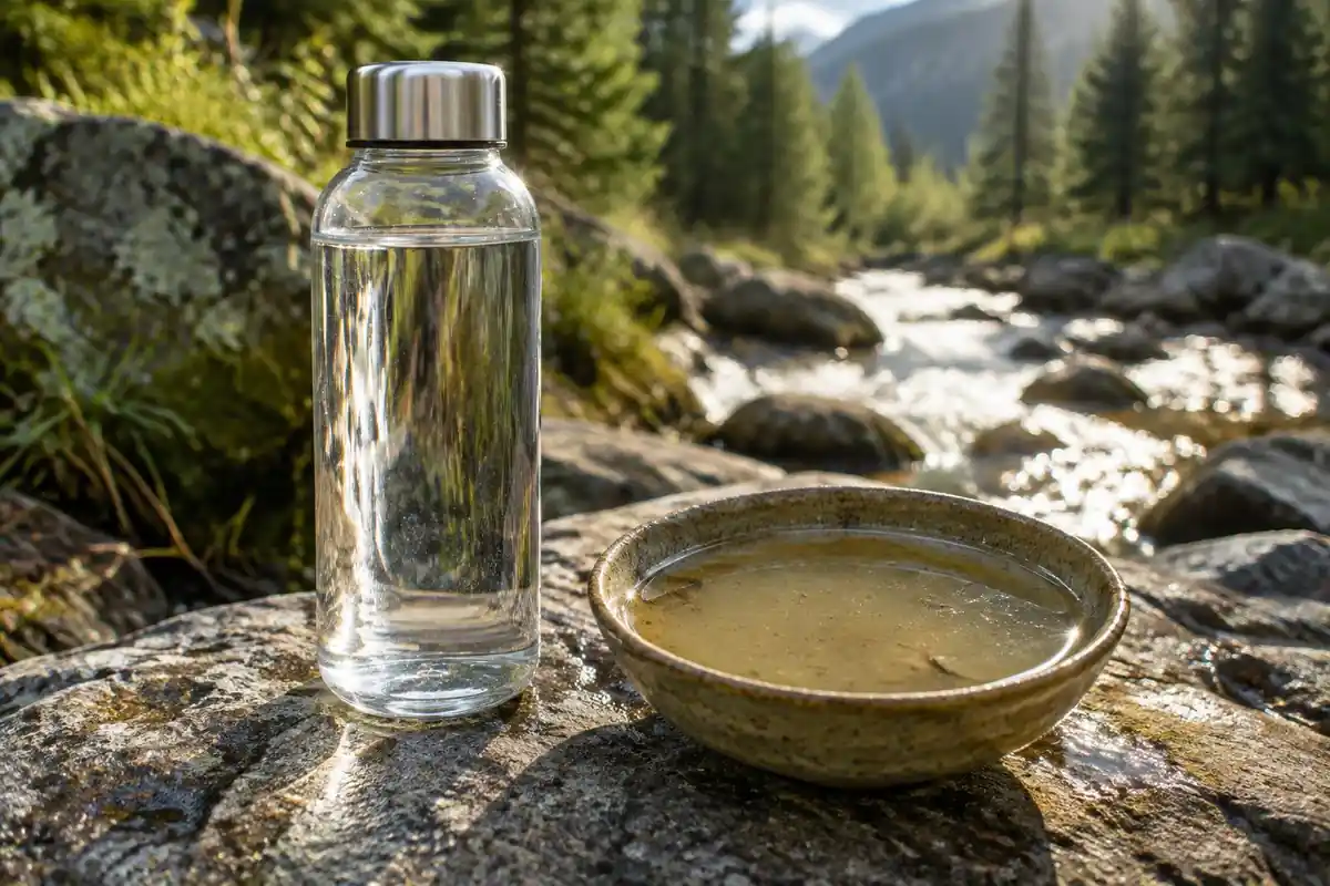 Cloudy scoop of stream water beside a clear filtered bottle