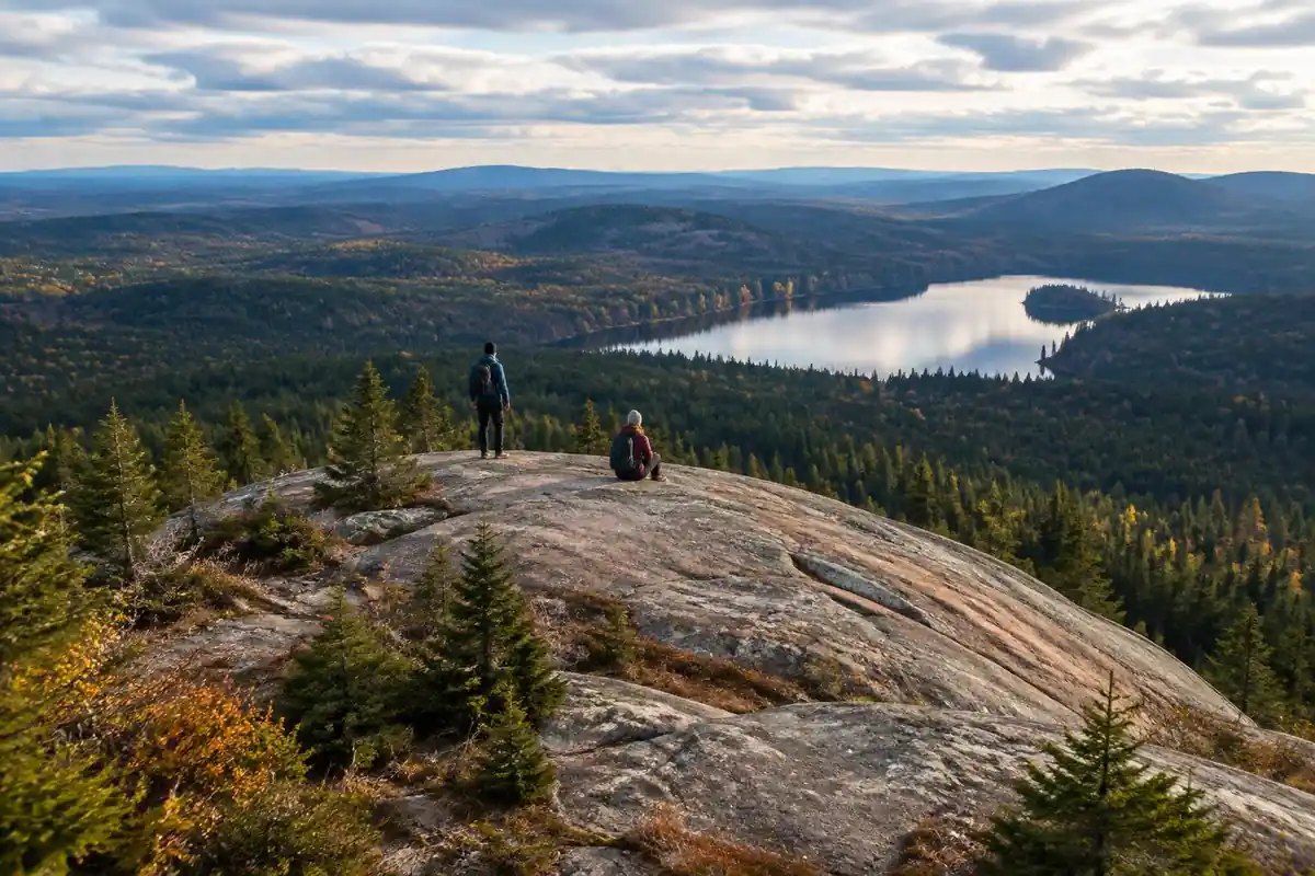 Bare rocky summit ringed by dark conifers and a distant lake