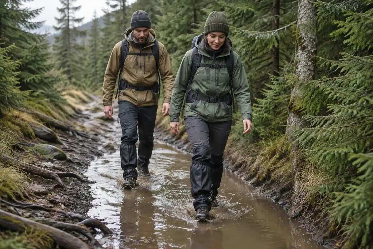 Hikers wading straight through a muddy puddle on the trail centre
