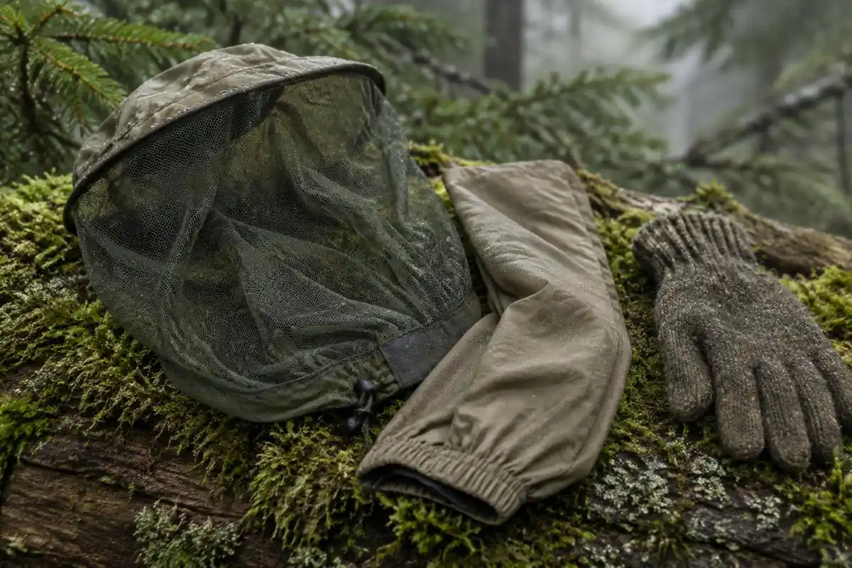 Headnet, long sleeve cuff and a wool glove on a spruce log