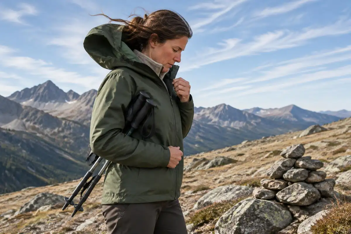 Hiker pulling a windproof shell over a fleece on an exposed alpine saddle