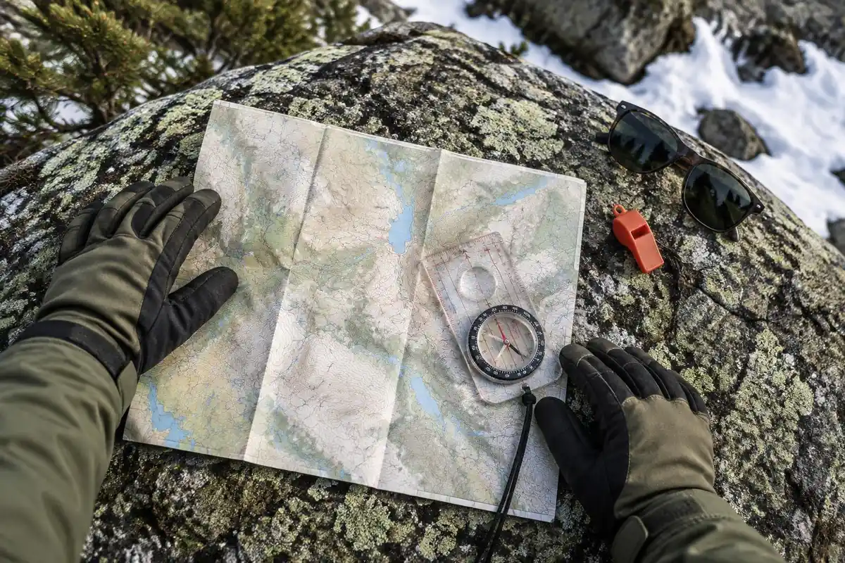 Gloved hands folding a paper map beside a compass on a lichen-covered boulder