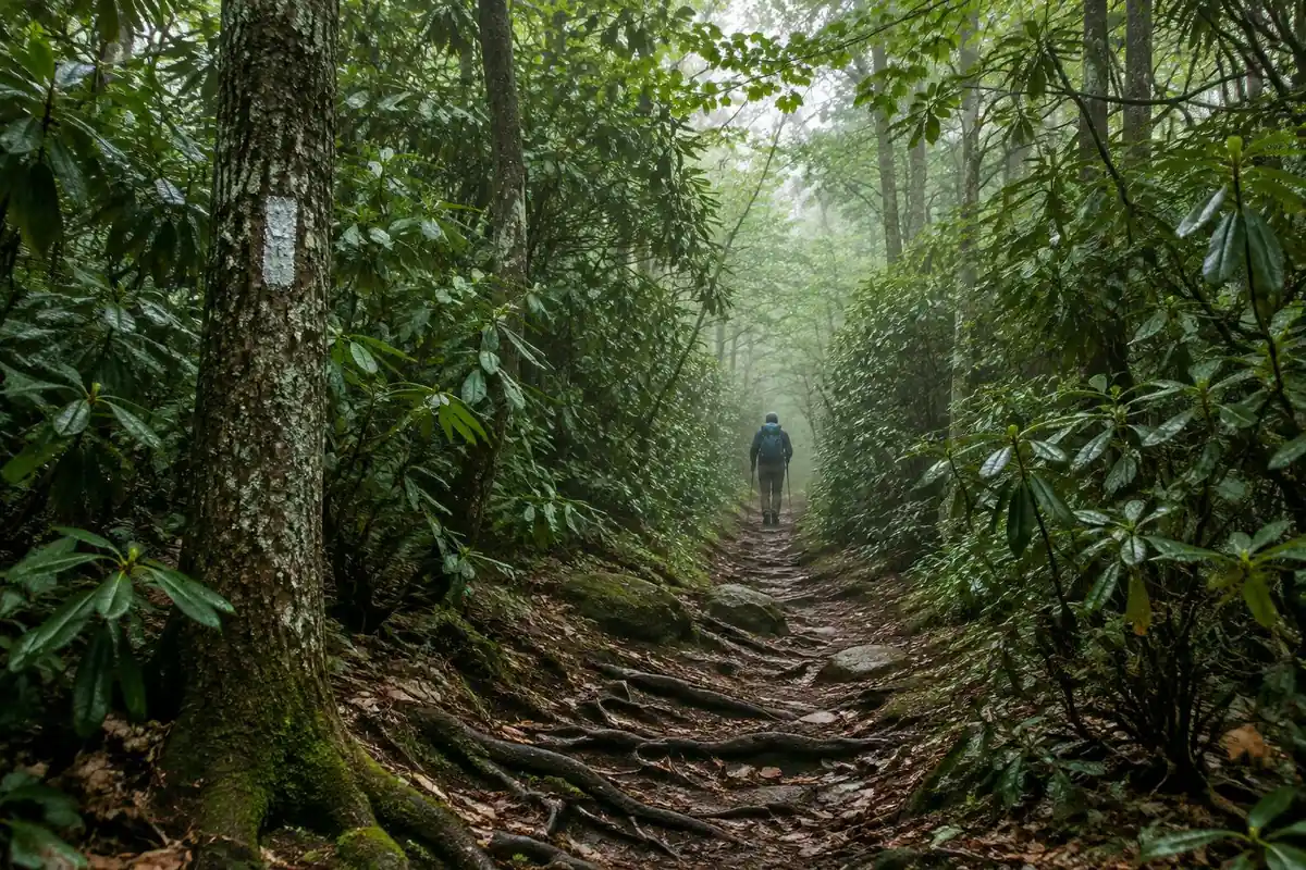 Narrow rooty trail tunnelling through dense green rhododendron and hardwoods
