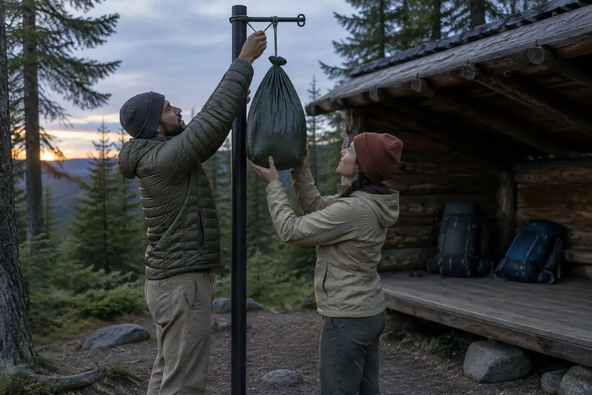 Hikers hanging a food bag from a bear pole at a shelter clearing at dusk
