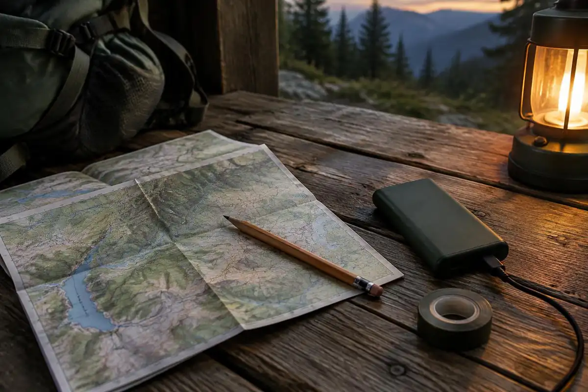 Guidebook pages, a pencil, and a battery bank on a wooden shelter floor