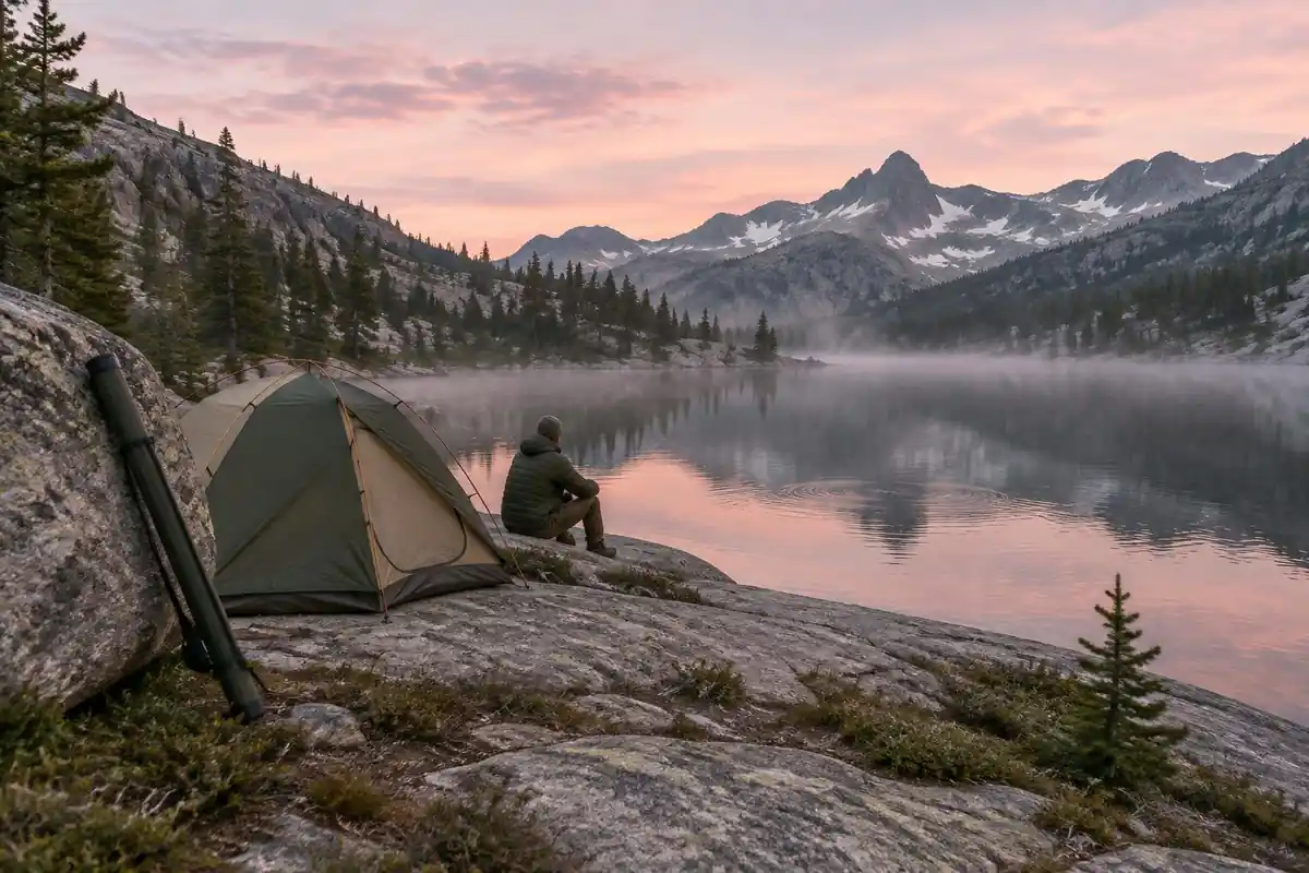Tent and rod tube at a high mountain lake camp with trout rings on the water
