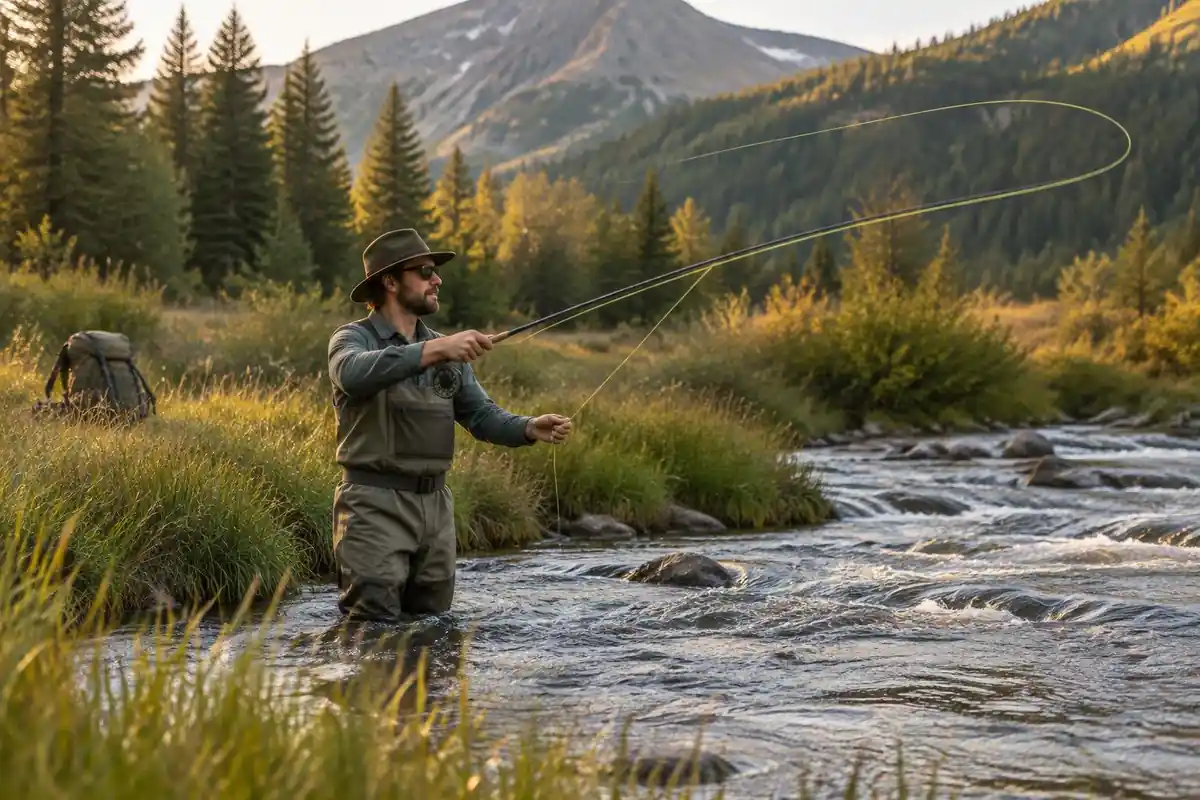 Angler casting a fly line over a shallow riffle at a mountain stream at golden hour
