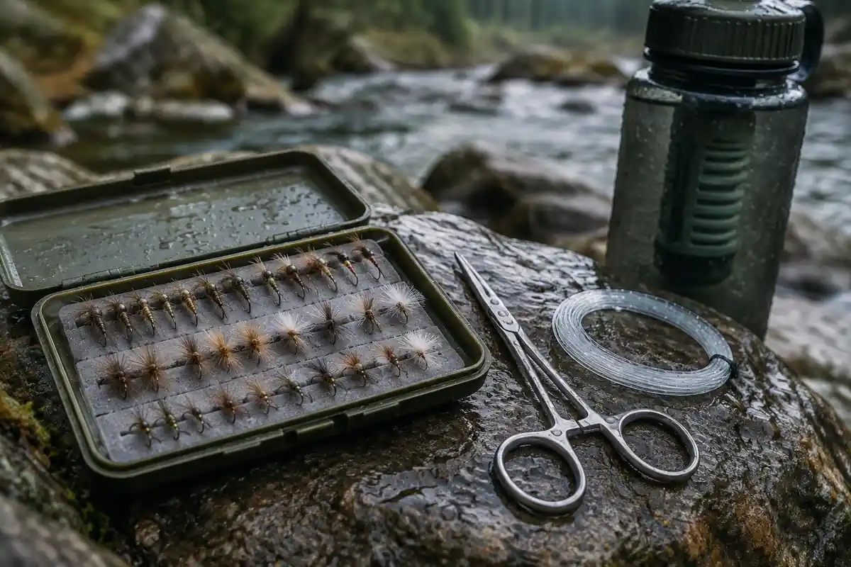 Small fly box, forceps and a coiled leader on a wet stone beside a filter bottle
