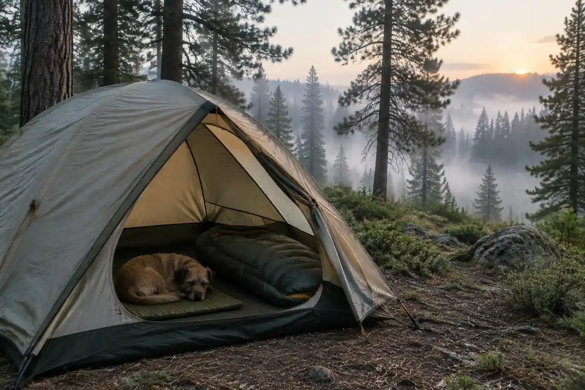 Small dog curled asleep on its own pad in a tent doorway at dawn