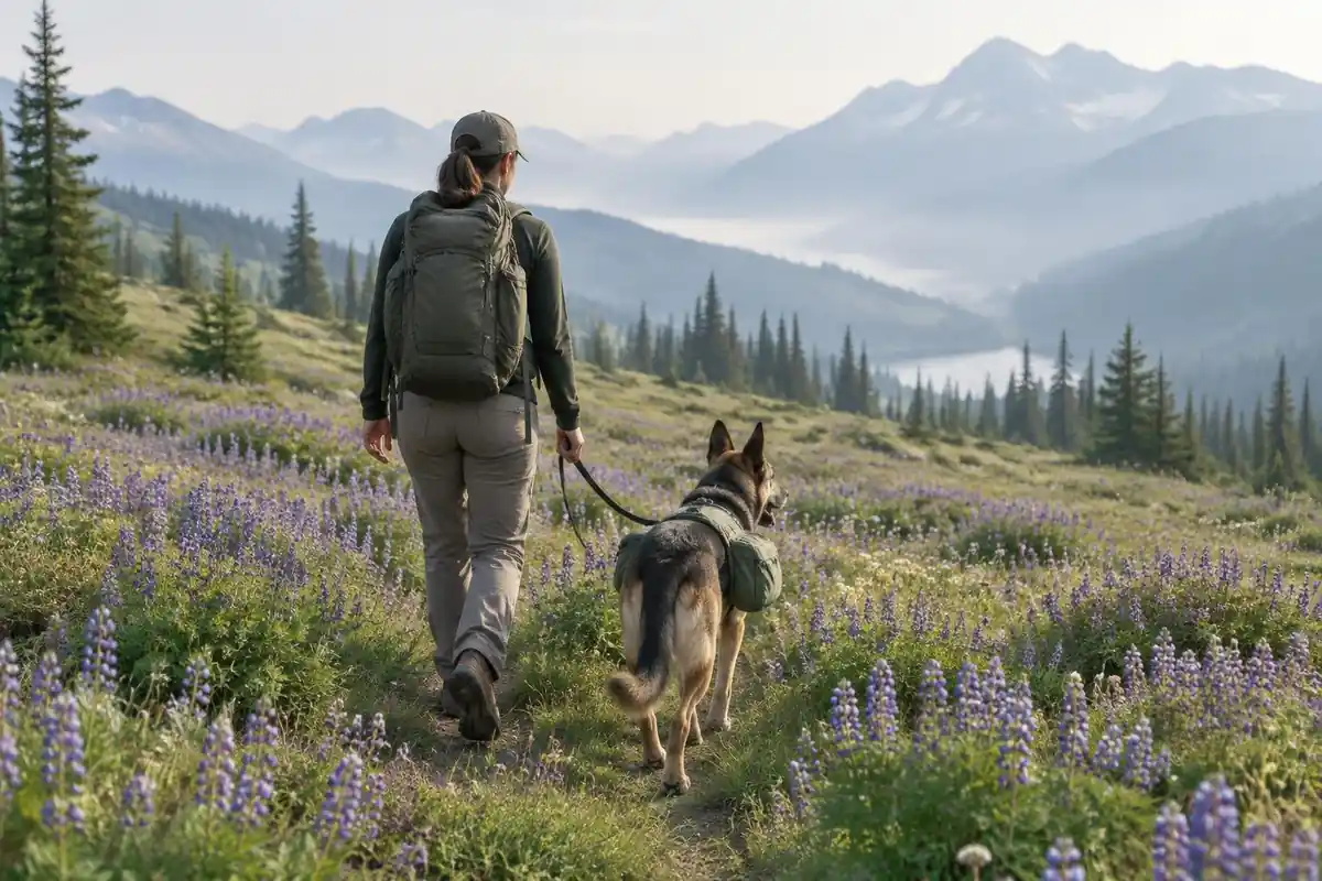 Hiker walking a leashed dog wearing a small pack across a wide meadow trail