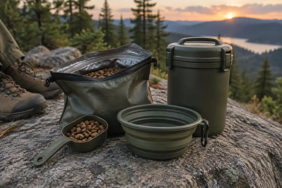 Dog food scoop in a sealed bag beside a folded bowl and a bear-resistant canister