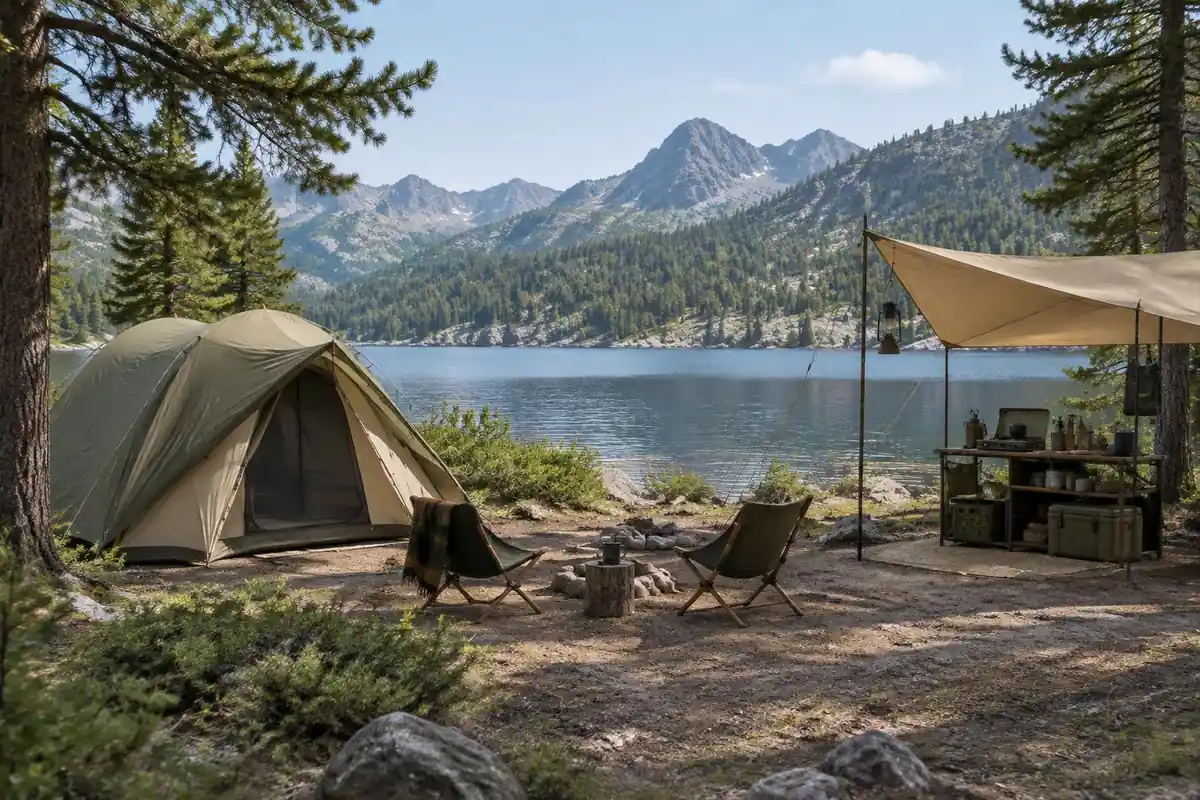 Camp with a big tent and a chair setup beside a lake all day