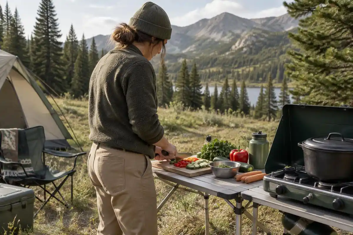 Cook chopping vegetables on a small folding table at basecamp