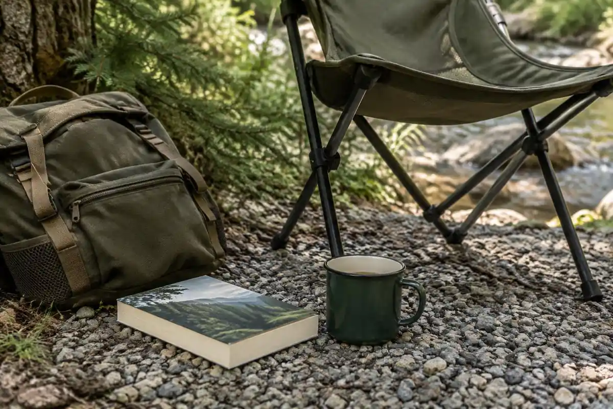 Book, mug and camp chair on gravel with a day pack beside it