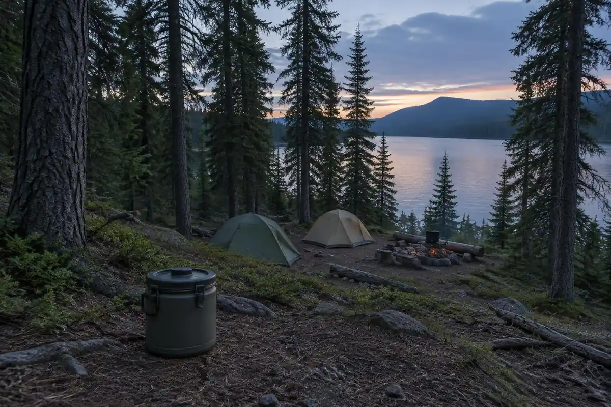 Hard-sided food canister sitting on the ground well away from two small tents at dusk