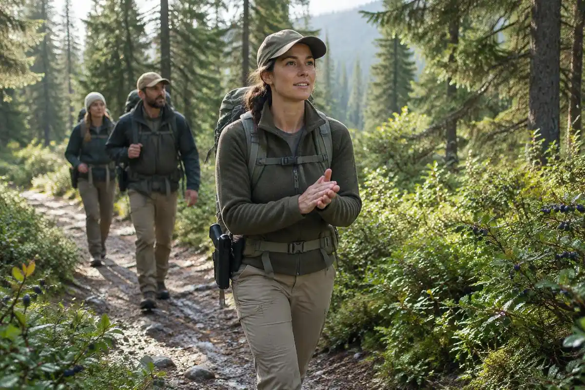 A hiker walks a berry-lined forest trail clapping softly as two companions follow