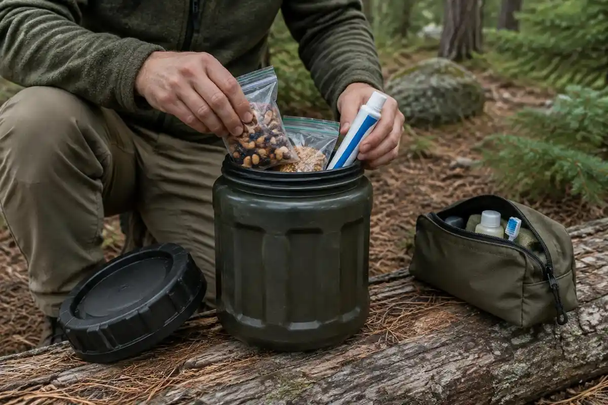Hands loading sealed food bags into a bear-resistant canister