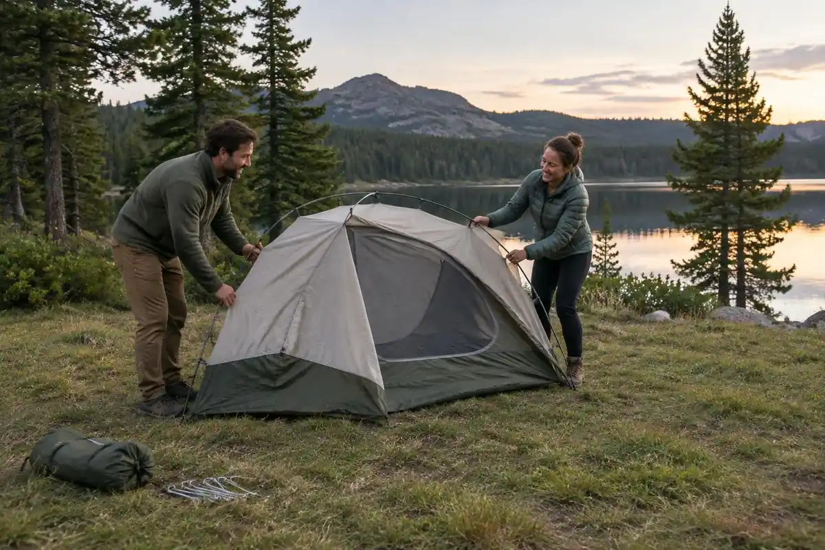 First-time couple pitching a small tent in a grassy site beside a quiet lake
