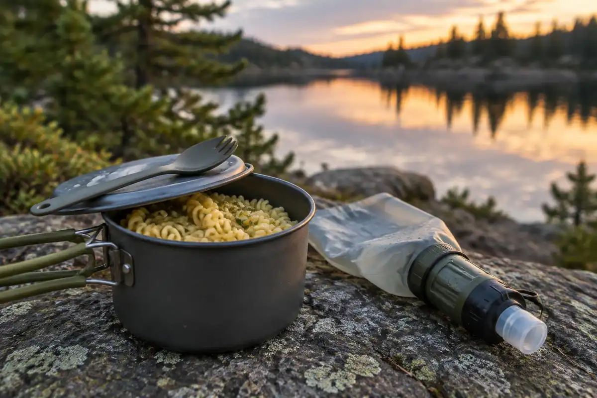 Small pot of pasta and a water filter drying on a flat rock at camp