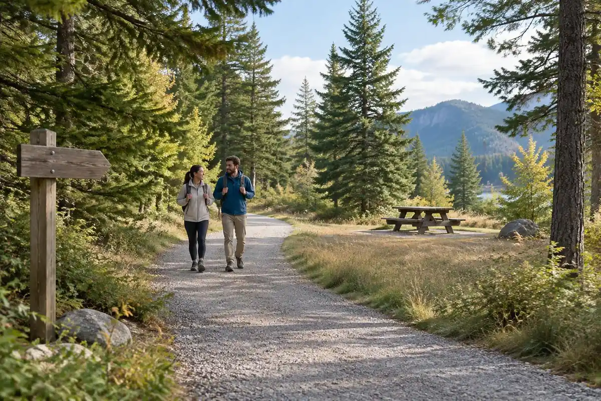 Family-friendly wide gravel path through a sunny park woodland with picnic bench