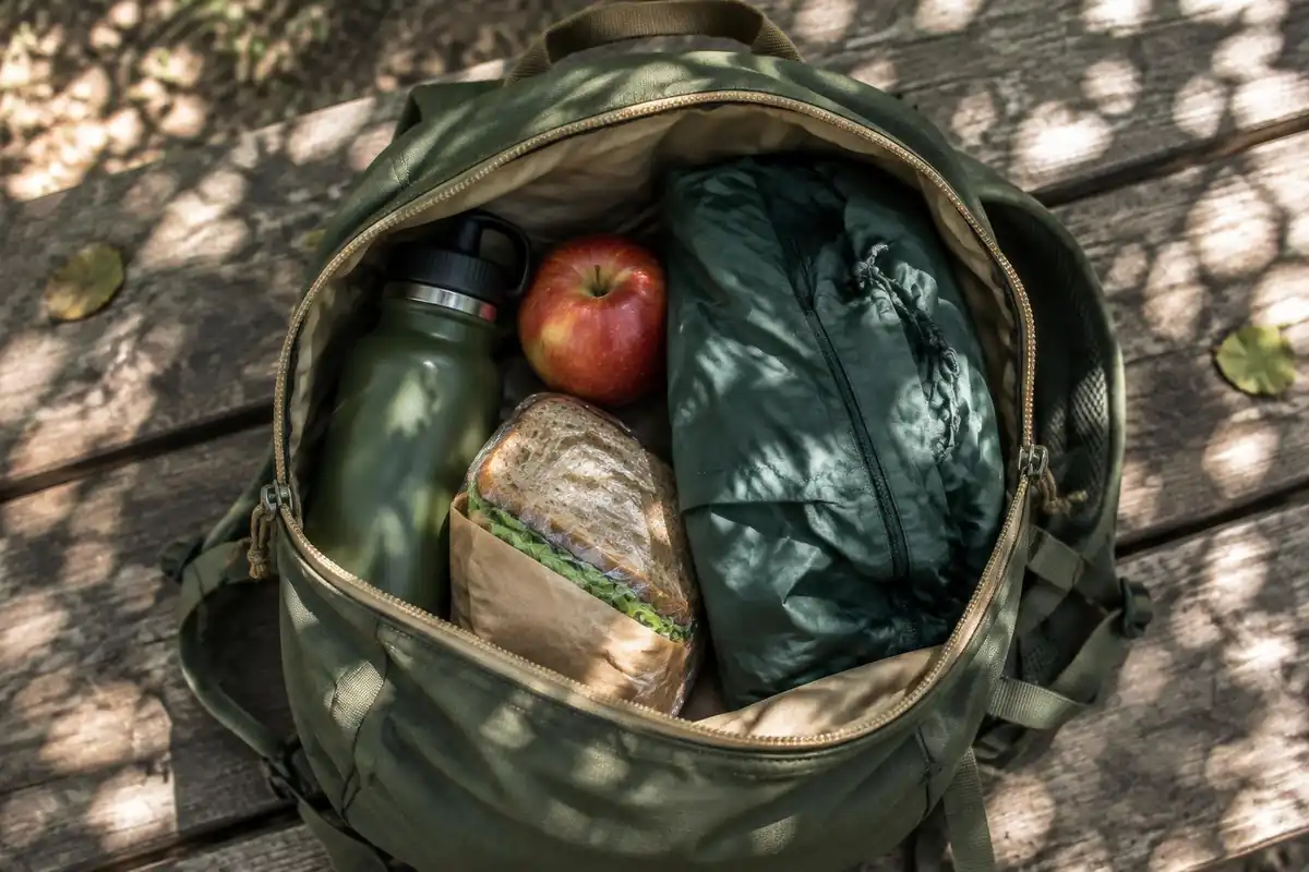 Open daypack showing water bottle, apple, and folded rain jacket on a picnic table