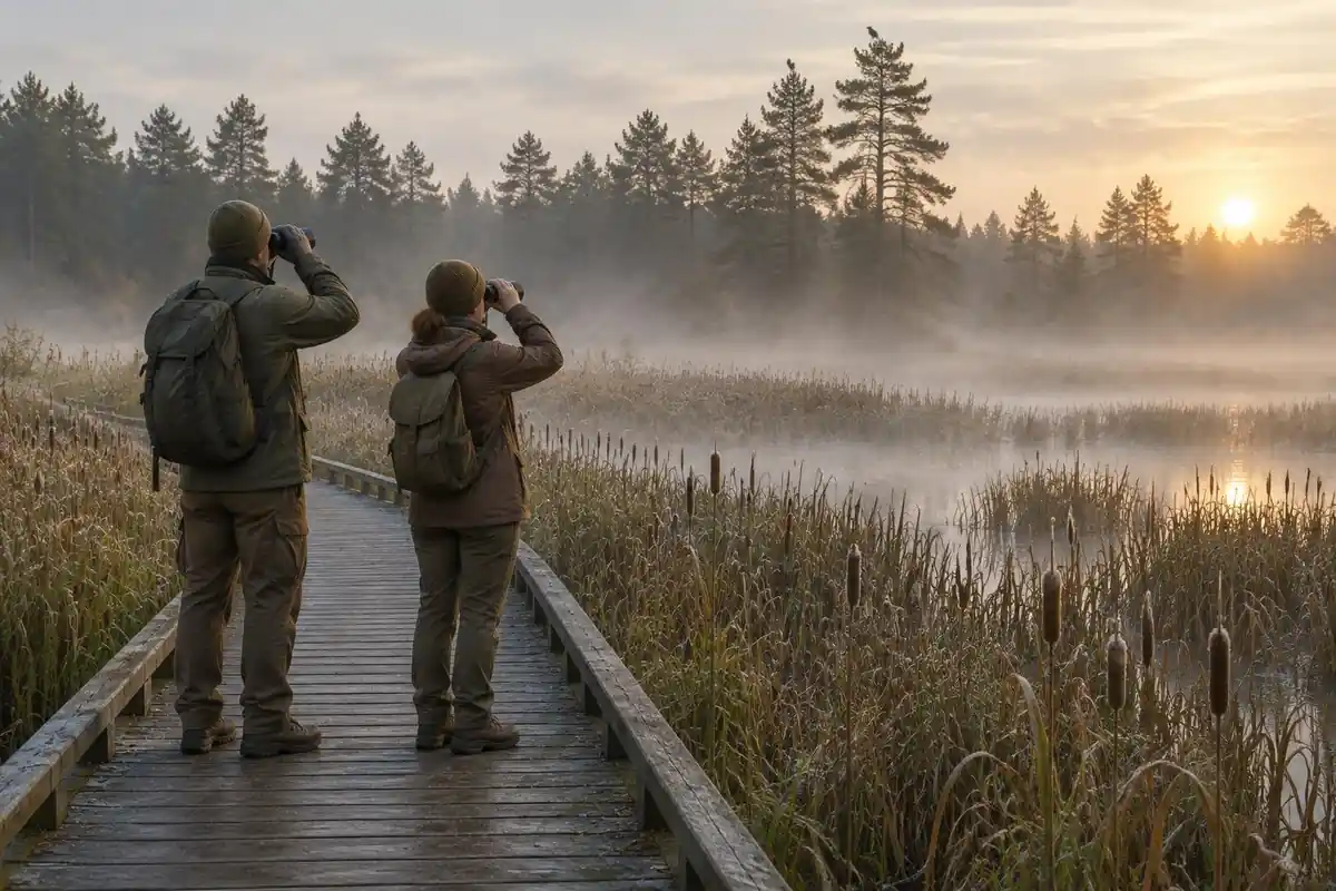 Two birders standing still on a wooded boardwalk at dawn with binoculars raised