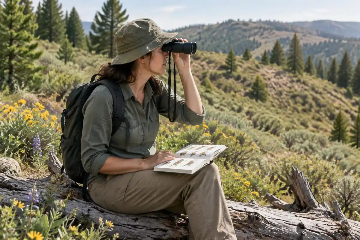 Hiker scanning a hillside with binoculars while resting a field guide on a knee