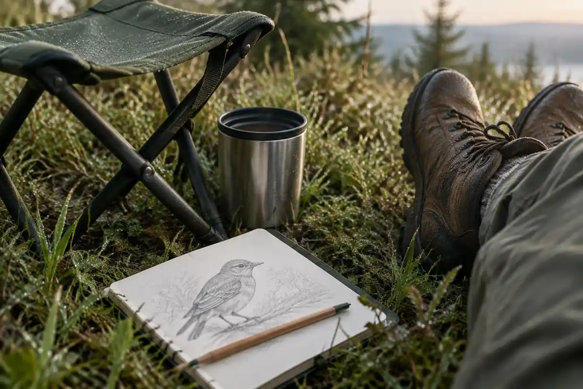 Small folding seat, thermos and notebook with pencil sketch beside boots