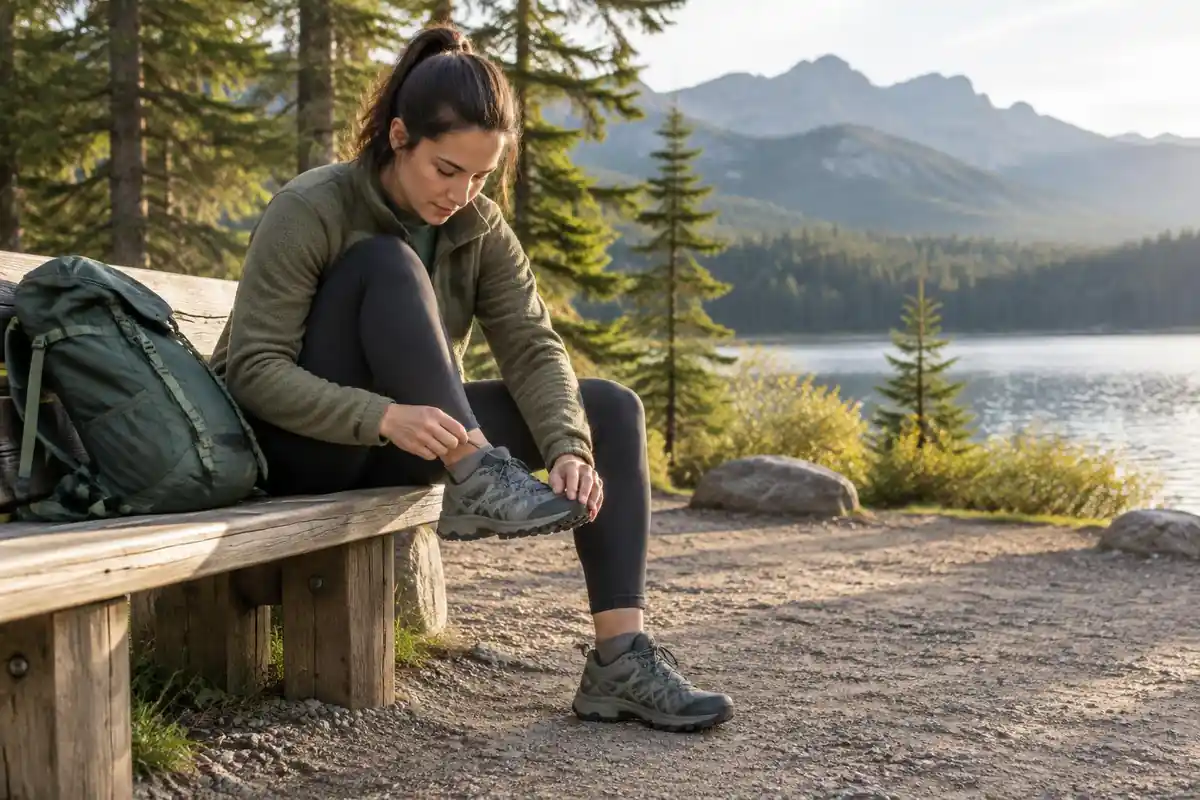 A young hiker sits on a bench lacing a trail shoe by a lake lot