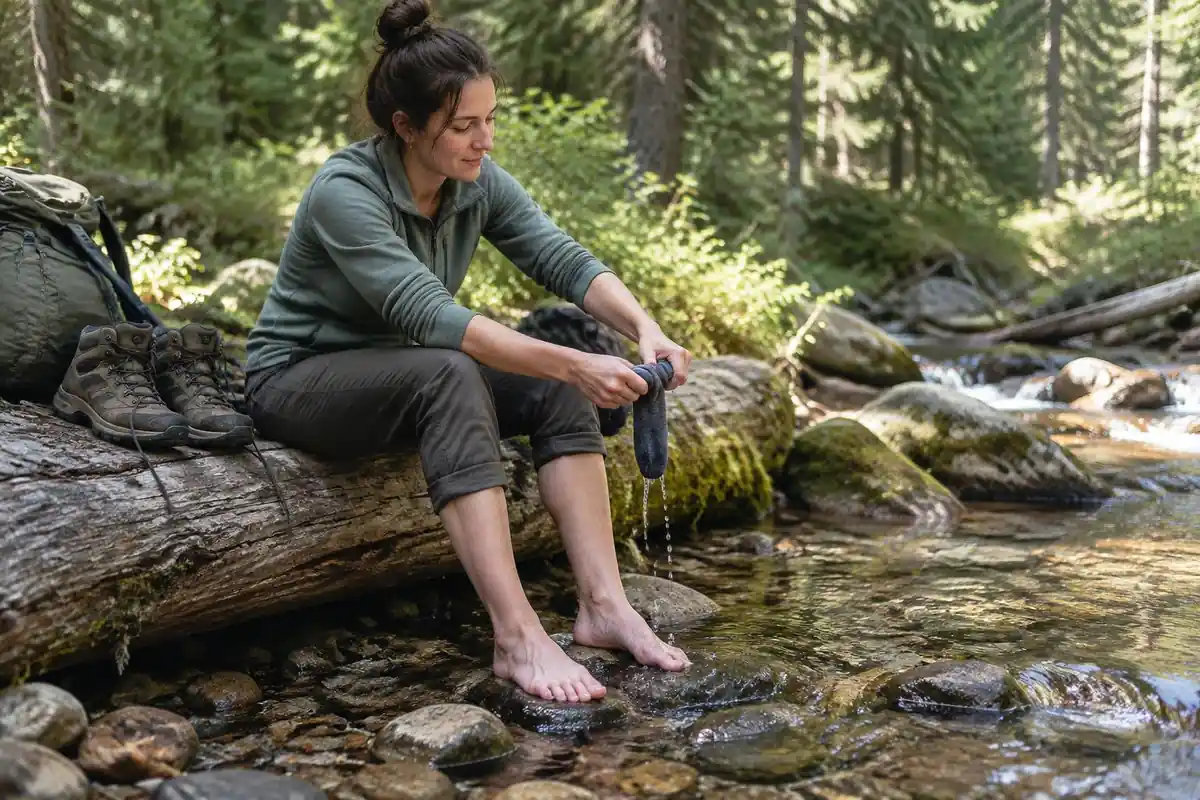 A hiker rests barefoot on a log airing her socks and shoes at a creek crossing