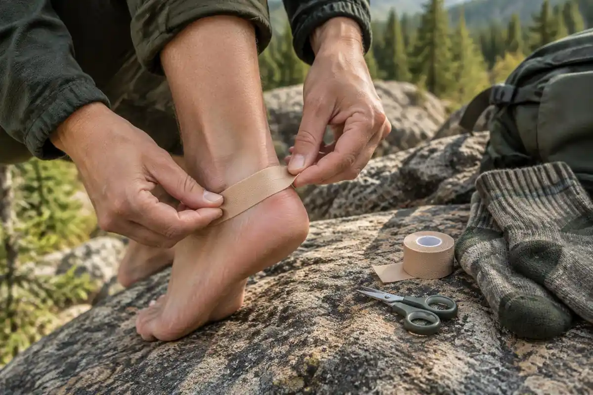 Hands applying a tape strip to a heel