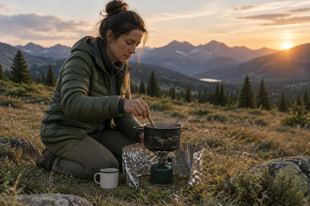 Backpacker cooking on a small canister stove in an open clearing with a cheap pot