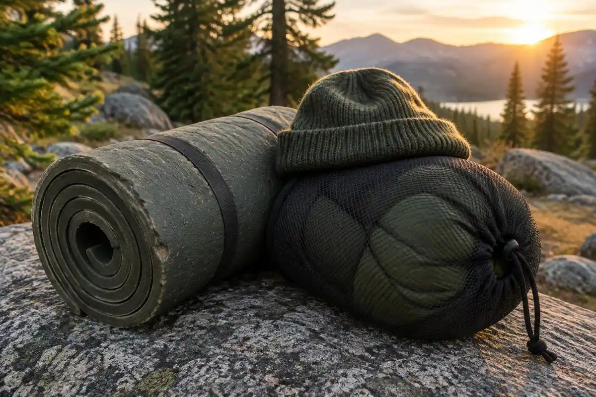 Old foam pad and inexpensive sleeping bag stuffed in a compression sack on a rock