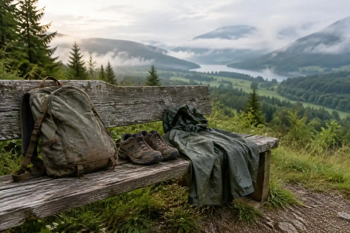 Modest worn daypack and old sneakers-style shoes on a picnic bench overlooking a valley