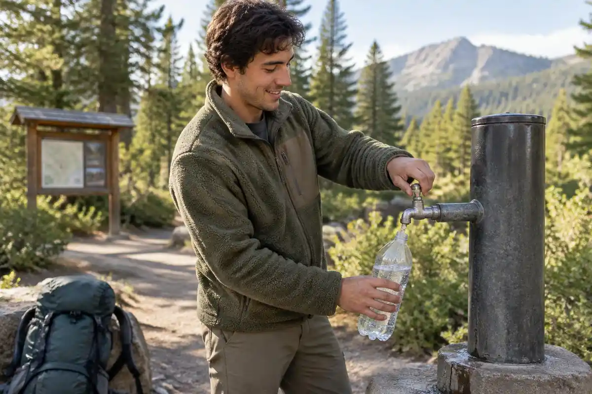 Hiker refilling a reused plastic bottle from a tap at a trailhead before heading out