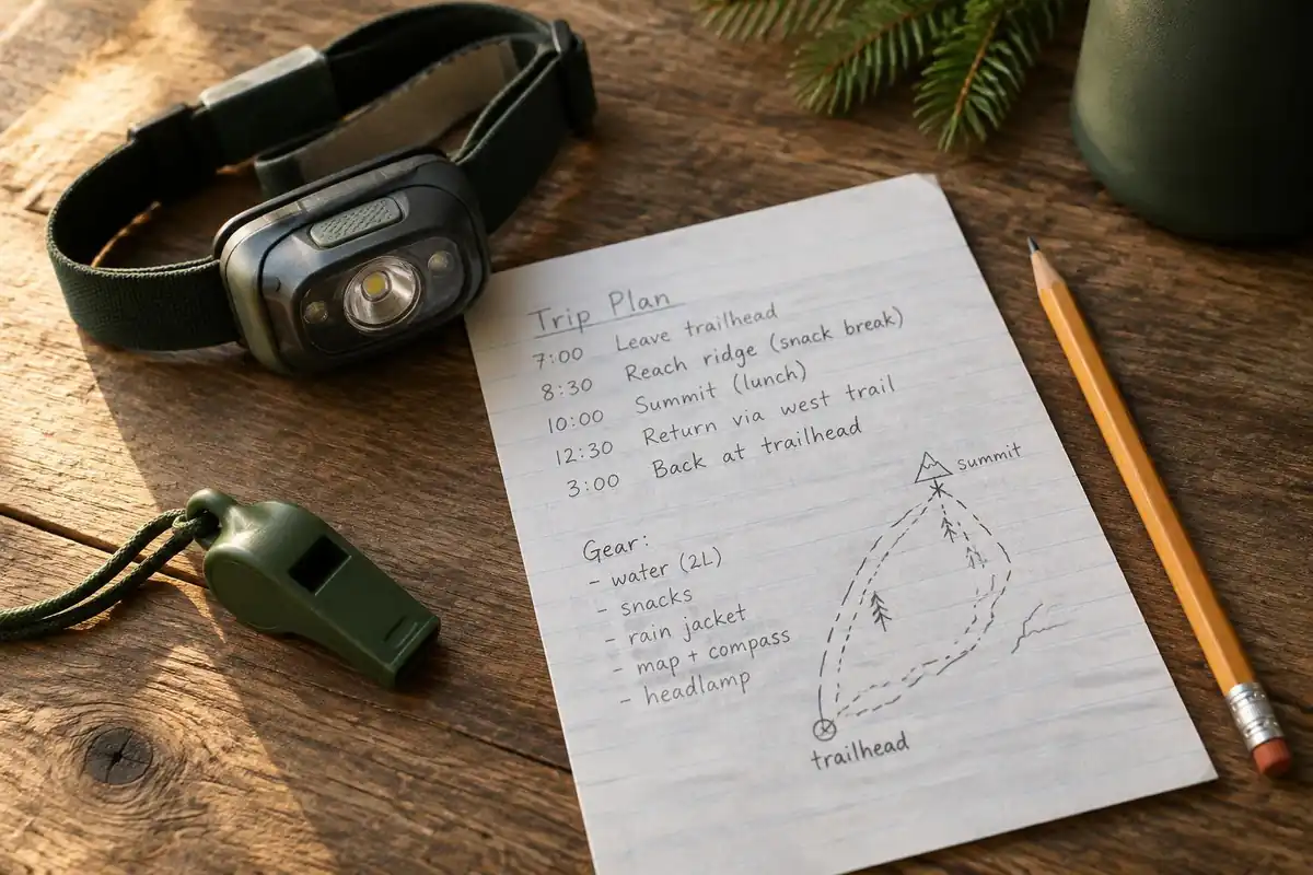 Whistle, small headlamp and a printed trip plan on a table