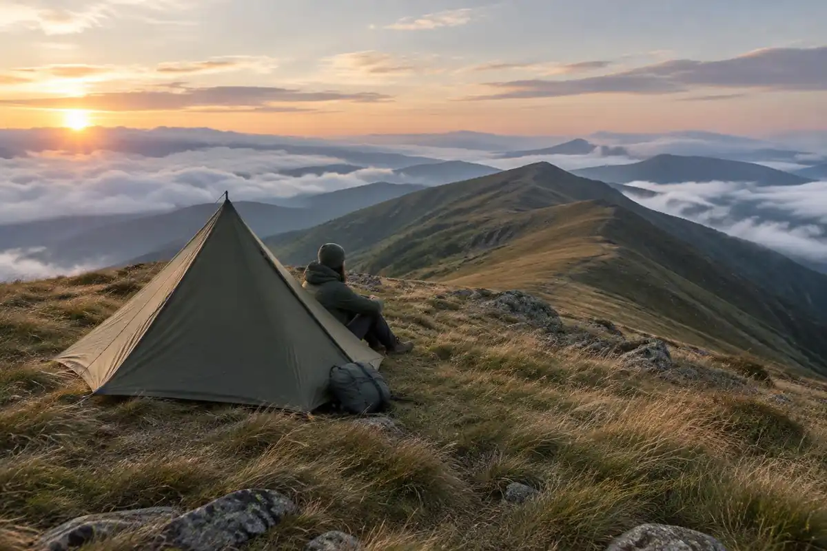 Tiny single-wall shelter pitched on a windswept grassy ridge with a light pack beside it